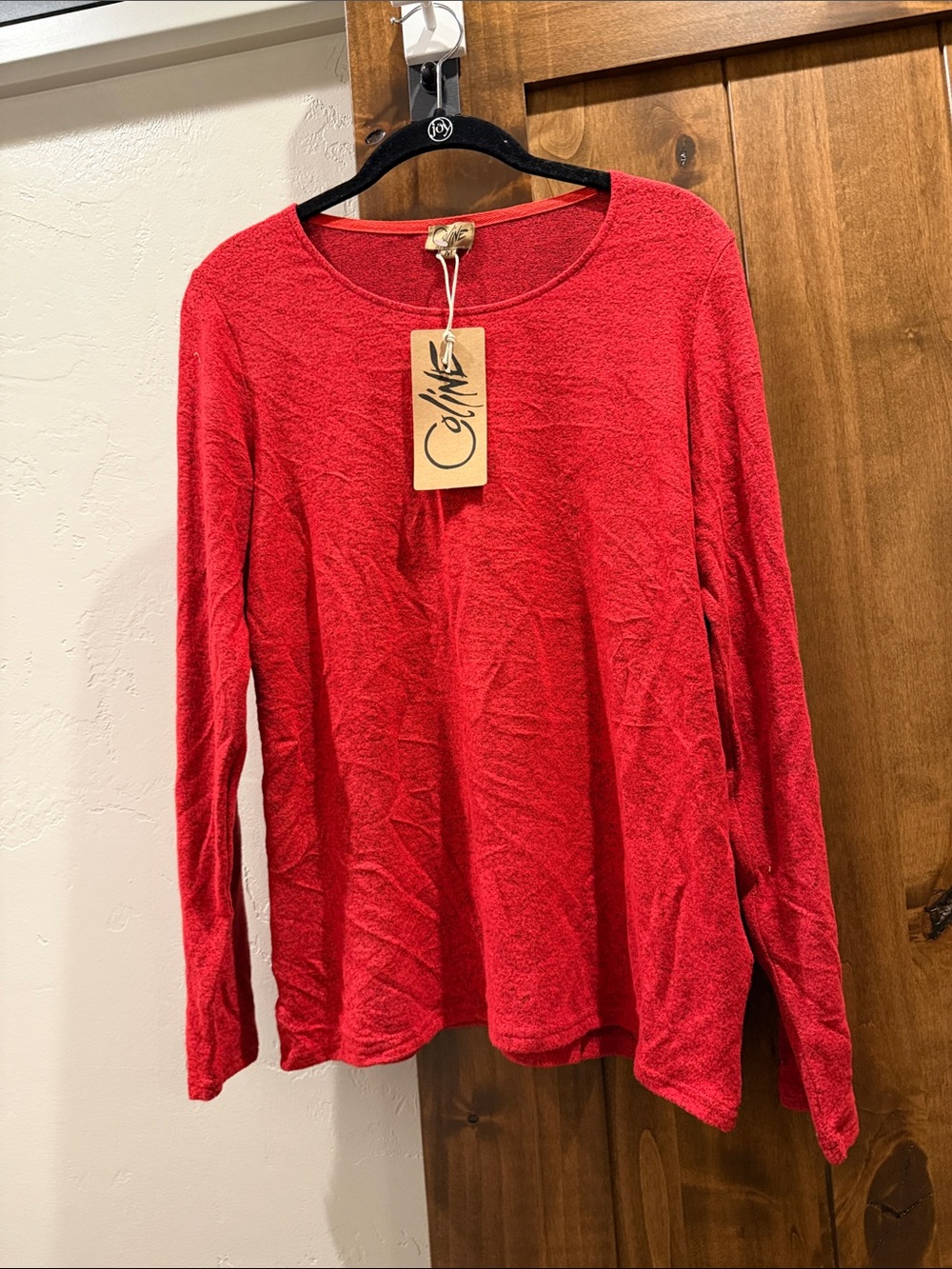 Coline Red Long-Sleeve Lightweight Scoop Neck Top
